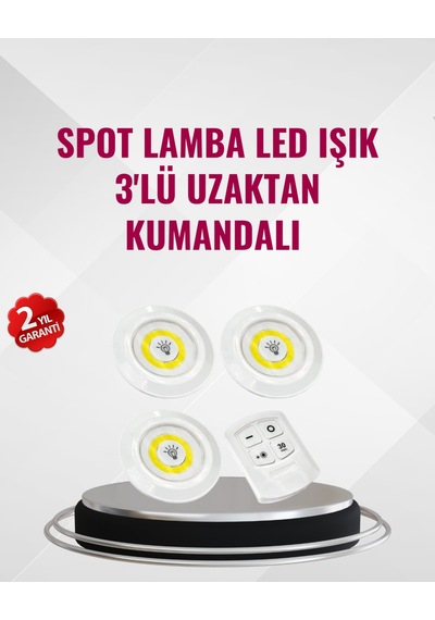 3 Lü Pilli Kablosuz Led Spot Lamba Seti Kumandalı Kolay Montaj Aydınlatma - Çok Renkli