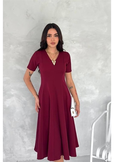 Dipmoda Kadın Esnek V-yaka Midi Boy Astarsız Elbise Dpk4179 Bordo