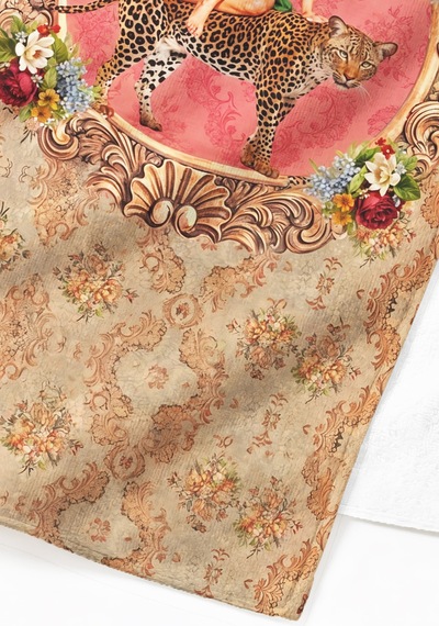 Leopar Figürlü Vintage Bohem Plaj Havlusu - Barok Çiçekli Bej Pembe Hızlı Kuruyan Mikrofiber Havlu Berrak Bulut