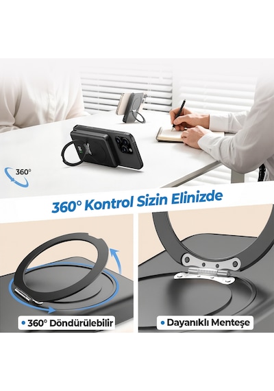 Woyax Magsafe Powerbank 360 Standlı Metal 10.000mah 20w Hızlı Taşınabilir Şarj Cihazı Stand Apple Uyumlu iPhone 11 12 13 14 15 16 Samsung-xiaomi  Siyah