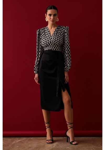 Sateen Yırtmaçlı Saten Etek - Siyah