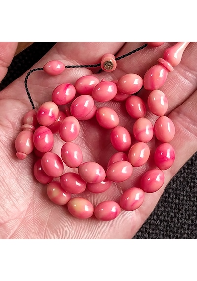 İmzalı 8X11 mm Pembe Sıkma Kehribar Tesbih Usta İşçilikli