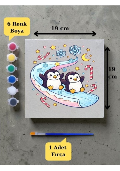 Tuval Boyama Aktivite Seti Sevimli Penguenler Baskılı 19x19 Cm Tuval, Fırça Ve 6 Renk Akrilik Boya Seti