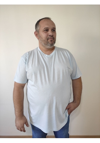 Big Nona Erkek Büyük Beden Unisex T-shirt V Yaka Buz Mavisi Buz Mavi