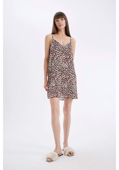 DeFacto Leopar Desenli V Yaka Saten Askılı Gecelik-Fall in Love D4407AX24HSBK81
