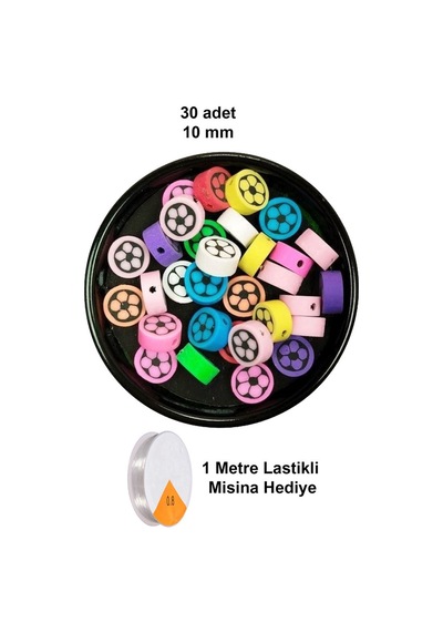 30 Adet 10 Mm Polimer Kil Fimo Boncuk Takı Bileklik + 1 Metre Lastikli Misina  - Renkli Çiçek