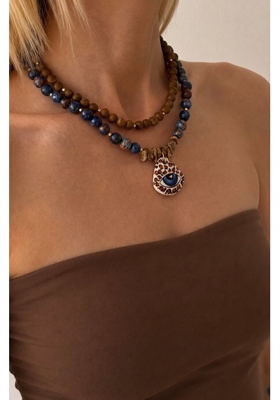 El Yapımı Kahverengi Jasper & Lapis Lazuli Doğal Taş İkili Kolye Seti Mavi - Kahverengi