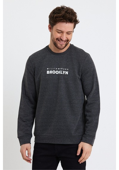 Süperlife Erkek Bisiklet Yaka Regular Fit Brooklyn Baskılı İnce Sweatshirt Spr23sw330 Antrasit