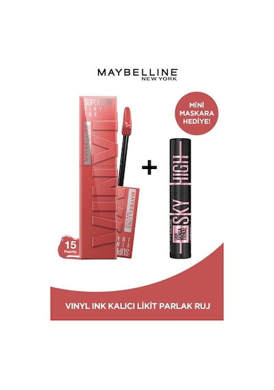 Maybelline New York Super Stay Vinyl Ink Uzun Süre Kalıcı Likit Ruj 15 Peachy + Sky High Cosmic Mini Maskara