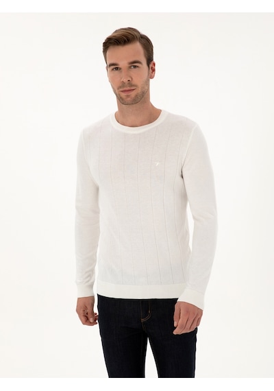 Cacharel Ekru Slim Fit Pamuk Karışımlı Bisiklet Yaka Triko Kazak Bej