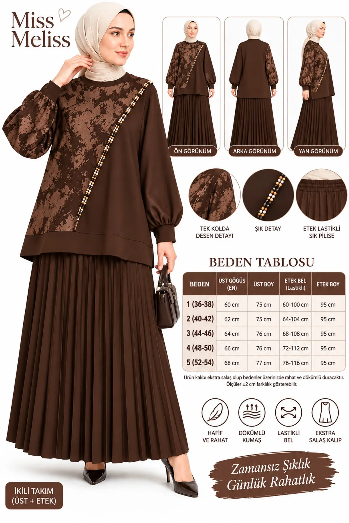 Missmelissfashion Miss Meliss Sandy Jakar Salaş Etekli Takım Kahverengi