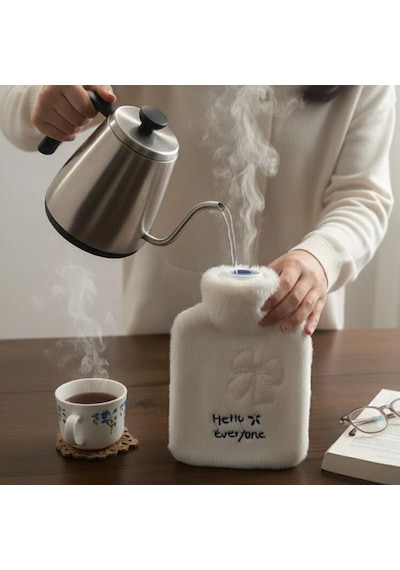 Hello Everyone Yazılı Kurdeleli Beyaz Peluş Sıcak Su Torbası 1 Lt Yumuşak Kılıf, Uzun Süre Sıcak Tutan Termal Su Torbası