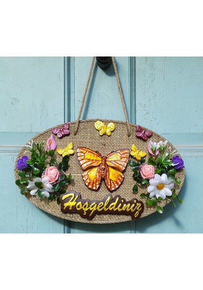 Jüt Hasır Zeminli "hoşgeldiniz" Kapı Süsü - Kelebek Ve Çiçek Motifli Dekoratif Askı 16x26 Cm
