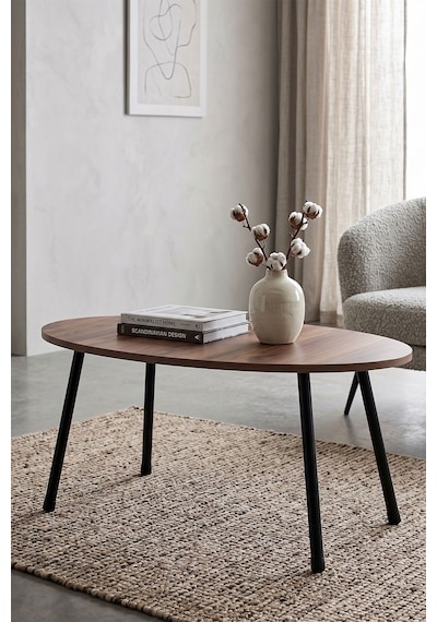 Ceviz Desenli Metal Ayaklı Oval Orta Sehpa