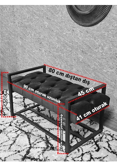 Siyah Boyalı Metal 80 Cm Puf Bench - Antre Puf - Hol Bench - Puf Çok Renkli