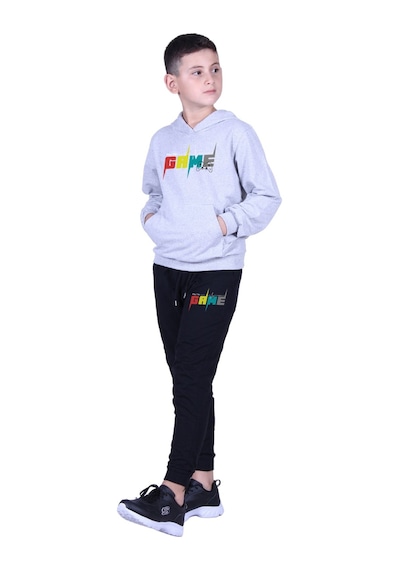 Fyk Kids Kapüşonlu Kanguru Cepli Game Baskılı Erkek Çocuk Eşofman Takımı Gri - Siyah