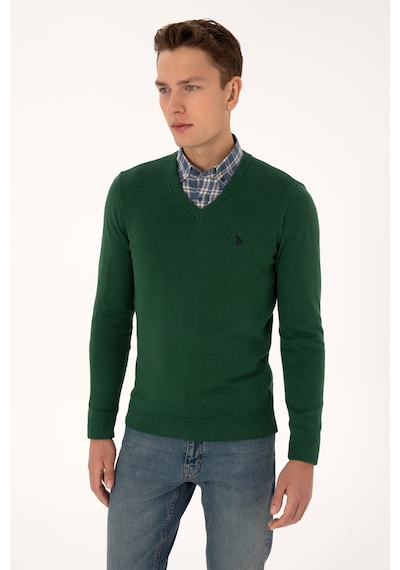 U.S. Polo Assn. Erkek Slim Fit V Yaka Koyu Yeşil Basic Triko Kazak 50313662-VR079
