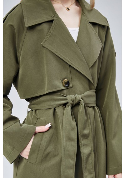 Kadın Oversize Astarlı Uzun Trençkot Haki