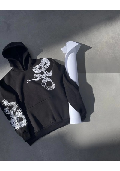 Uzun Kol Kapüşonlu Baskılı Sweatshirt - Siyah - Siyah