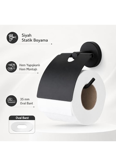 Lotus Siyah Kapaklı Tuvalet Kağıtlığı, Yapışkanlı Ve Vidalı Montajlı Duvara Monte Wc Kağıt Askısı, Mat Siyah Banyo Aksesuarı 000 Açık Krem