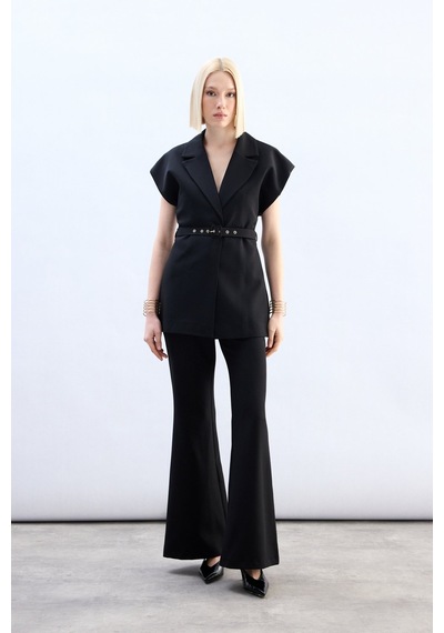 Sateen Kemerli Uzun Yelek - Siyah-136850 Siyah