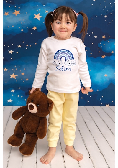 Pia Baby İsme Özel Erkek Çocuk 2 Adet Pijama Takımı %100 Pamuk Penye İsim Baskılı Kişiye Özel Kreş Pijaması Hediye Seti 11018s15pi Krem