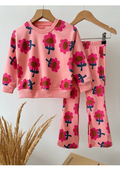 Magu Kız Çocuk Pamuklu Çiçek Desenli Pembe Sweatshirt Ve Tayt Takımı Çok Renkli