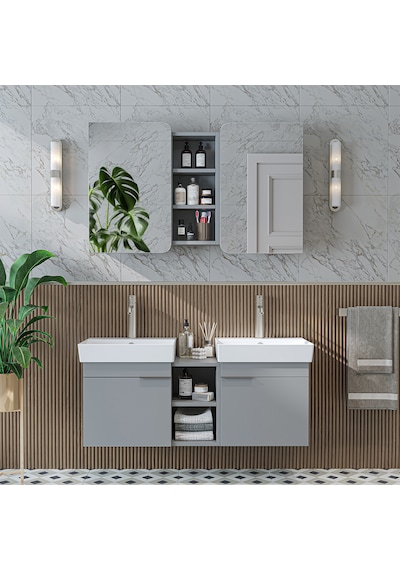 Likya 2 Kapaklı Ve Açık Raflı Mdflam 2 Lavabolu 120 Cm Kül Gri