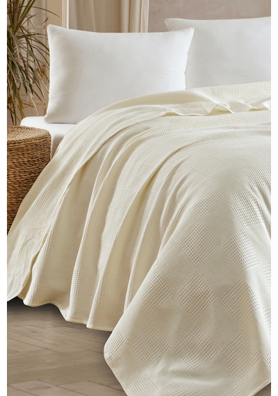 Tek Kişilik %100 Pamuk Pike Örtü 160x230 Cm Karo Desenli Krem Weave Serisi Krem