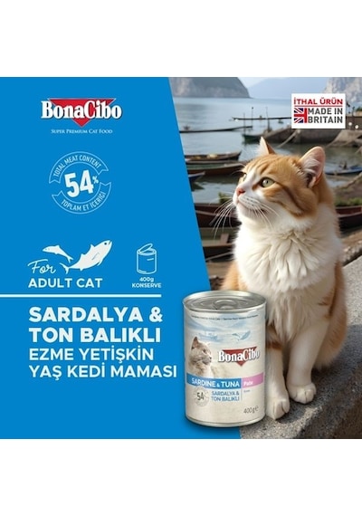 BonaCibo Ezme Sardalya ve Ton Balıklı Konserve Yetişkin Kedi Maması 6 x 400 G