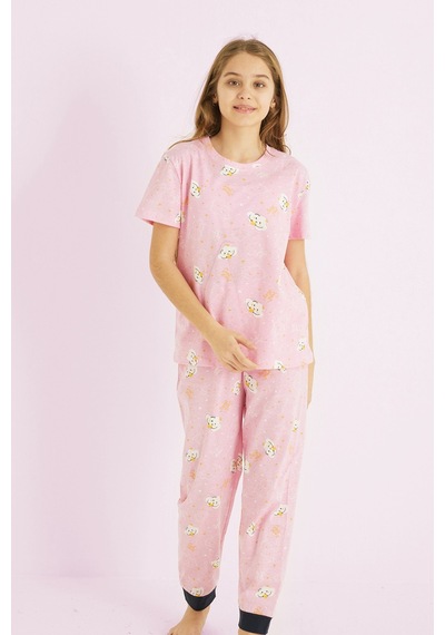 Siyah İnci Kız Çocuk %100 Pamuk Baskılı Bisiklet Yaka Pijama Takım25110057 Pembe