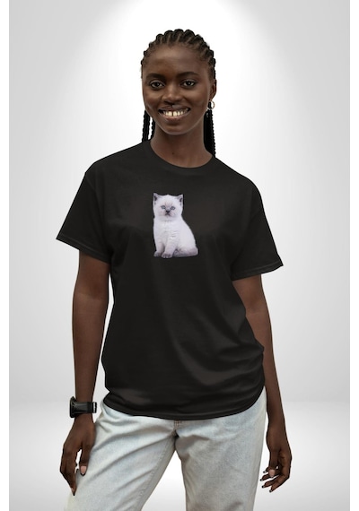 Beyaz Yavru Kedi Siyah Oversize Unisex Ön Orta Minimal Baskılı Tişört Siyah