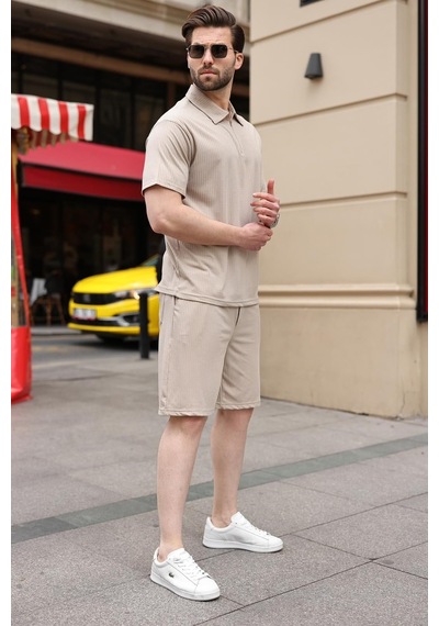 Bej Polo Yaka T-shirt Şort Takım E7363