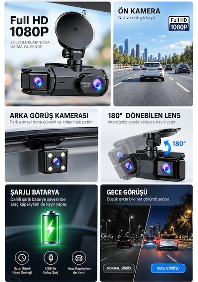 Full - 255 - Hd 1080p Çift Kamera 180 Geniş Açı Wifi - Cadde101 - Şarjlı Kullanım