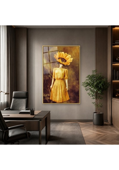 Ayçiçeği Başlı Sarı Elbiseli Kadın Gold Çerçeveli Cam Tablo
