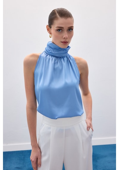 Sateen Boğazlı Kolsuz Bluz - Mavi-136545 Mavi
