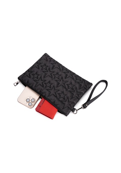Newish Polo Kadın Simli Yıldız Desenli Bilek Askılı Portföy/clutch El Çantası Siyah