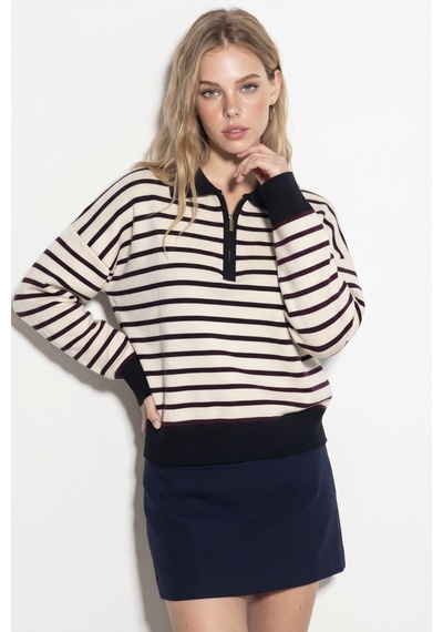 Soft&basic Çizgili Polo Yaka Triko Kadın Kazak Fermuarlı Bordo