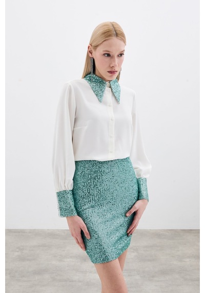 Sateen Payet Detaylı Gömlek - Ekru-mint-135659 Ekru-mint Ekru - Mint