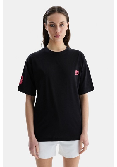 Ucla Paradıso Siyah Bisiklet Yaka Baskılı Oversize Kadın Tshirt Siyah