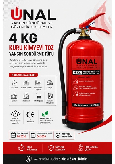 4 Kg Kuru Kimyevi Toz Yangın Söndürme Tüpü Üretim 2026 Tekrar Dolum 2030 Ev İş Yeri Araç