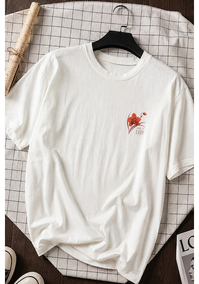 Spoyi Take It Easy Tasarımlı %100 Pamuk Yarım Oversize Beyaz T-xlhirt