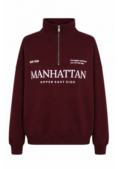 Trender Manhattan Baskı Yarım Fermuarlı Vişne Kadın Sweatshirt 27kdt1000023