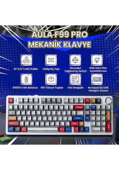 Aula F99 Pro 3 Modlu Rgb Hot Swap Mekanik Star Vector Switch Kablosuz Makrolu Klavye Comic