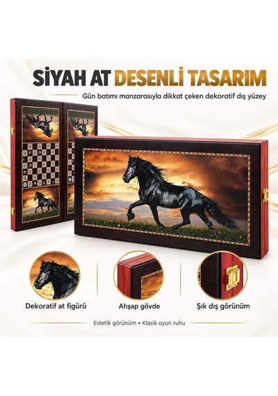 Büyük Boy Doğal Ahşap Tavla Ve Dama Seti Siyah At Desenli Katlanabilir Hediyelik & Dekoratif Set
