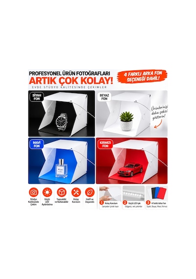 Triline 20x20 Cm Led Işıklı Mini Ürün Fotoğraf Çekim Çadırı 4 Renk Fonlu Taşınabilir Stüdyo Beyaz