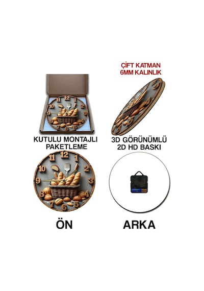 Rustik Ekmek Temalı Mdf Duvar Saati 33 Cm 3d Görünümlü Uv Baskılı Mutfak Dekoru Sdw347 Renkli