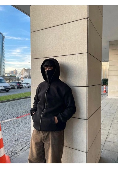 Efnaz Style Samuray Ninja Çift Kapşonlu Zıp Fermuarlı Kanguru Çepli Tam Fermuarlı Hoodie Swetshirt - Siyah