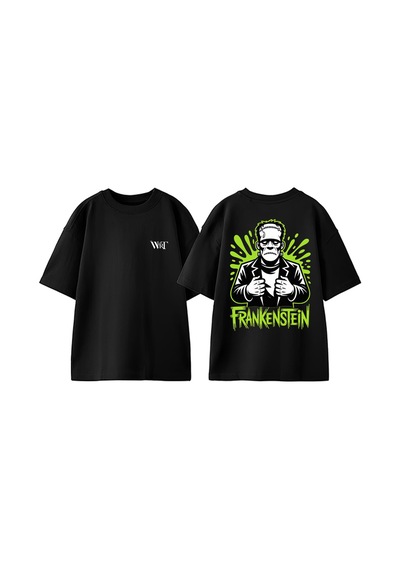 Thewert Start Drınkınng Frankenstein Tasarım Sırt Baskılı Pamuk Siyah Oversize T-shirt