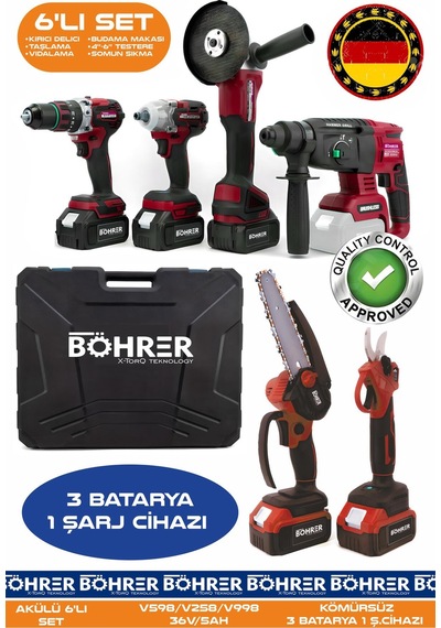 Böhrer Ba011133k Akülü 6 Lı Kombo Set , 30mm Budama Makası + 10 - 15cm Budama Testereli + Taşlama + Kırıcı